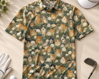 Polo de golf unisex, top deportivo con cuello y estampado de gato, prenda con estampado de gatitos adorables, regalo ideal para golfistas.