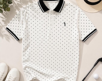 Polo con cuello, top retro de lunares blancos y negros, camiseta de golf estampada de manga corta, regalo de ropa casual vintage con lunares para él/ella