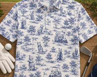 Polo de golf para hombre, polo con estampado de gato azul, camisa con cuello de estilo campestre francés vintage, regalo para amantes de los gatos atigrados, transpirable