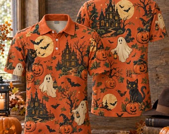 Retro Pumpkin Ghost Polo Shirt Halloween Haunted House Vintage Bat Cat Top All Over Print Costume Gift Unisex Spooky Hawaiian Collar Shirt