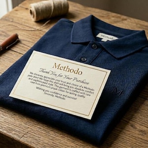 May include: A navy blue polo shirt with a folded collar and two buttons. A small card with the brand name "Methodo" and text is placed on the shirt. A pen and twine are on the wooden surface.