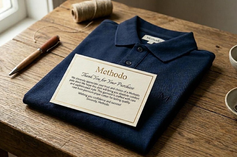 May include: A navy blue polo shirt with a folded collar and two buttons. A small card with the brand name "Methodo" and text is placed on the shirt. A pen and twine are on the wooden surface.