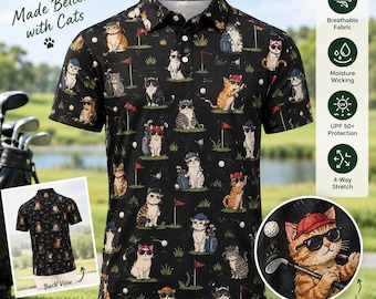 Polo de golf unisex con estampado de gato, ideal para amantes de las mascotas.