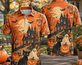 Retro Orange Halloween Polo Shirt Pumpkin Ghost Cat Bat Print, Vintage Haunted House All Over Print Unisex Shirt, Spooky Costume Top Gift