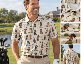 Men's Dog Golf Polo Shirt: All-Over Print, Breathable Performance Tee