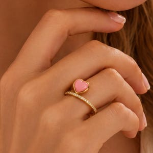 Pink Conch Shell Heart Ring, 18K Gold Plated, CZ Accents, Open Bandgift for her