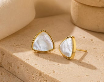 White Mother of Pearl Triangle Earrings | 18K Gold Plated Minimal Studs