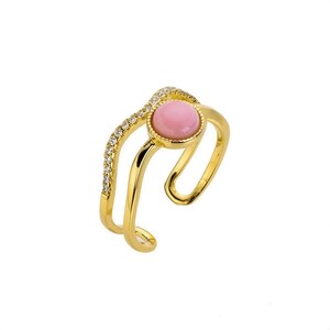 Pink Conch Shell Ring, 18K Gold Plated, Cubic Zirconia Accents, Open Band