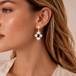 Floral Lapis Lazuli Earrings, Mother of Pearl (18K Gold Plated, Blue Gemstones)