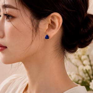 Triangle Stud Earrings: Lapis Lazuli Blue - Gold Minimalist Style