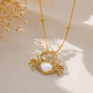 Golden Crab Pendant Necklace, Mother of Pearl Heart, Symbolic Protection Jewelry gift for her