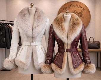 Women Lambskin Leather Jacket with Fuax Fur Trim, Stylish Winter Belted Coat