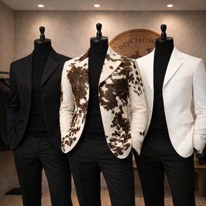 Blazer de piel de vacuno para hombre, color marrón crema, con estampado de lunares, corte moderno