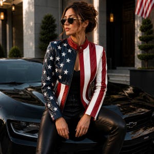 Handmade USA Flag Leather Jacket for Women Patriotic Biker Zip-Up Coat