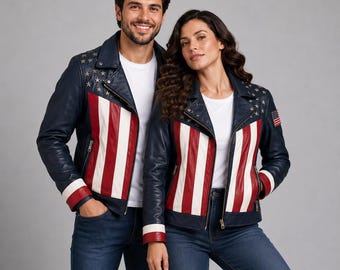 Handmade USA Flag Leather Jacket, Genuine Leather Biker Jacket, Unisex American Gift