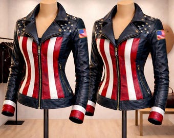 Handmade Women’s USA Flag Leather Jacket Black Red White Slim Fit Biker
