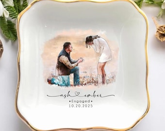 Custom Couple Portrait Ceramic Ring Dish, Engagement Keepsake