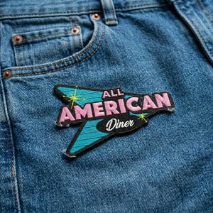 All American Diner Embroidered Patch | Retro 1950s Sign Iron On Applique | Vintage Style Diner Badge for Denim Jackets and Jeans