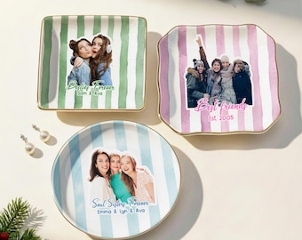Custom Photo Bestie Jewelry Dish, Striped Personalized Picture Ring Dish, Close Friend Birthday Gift,
