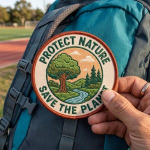 May include: Round embroidered patch with the text "PROTECT NATURE SAVE THE PLANET" around a nature scene with a tree, river, and mountains. The patch is attached to a teal and gray backpack.