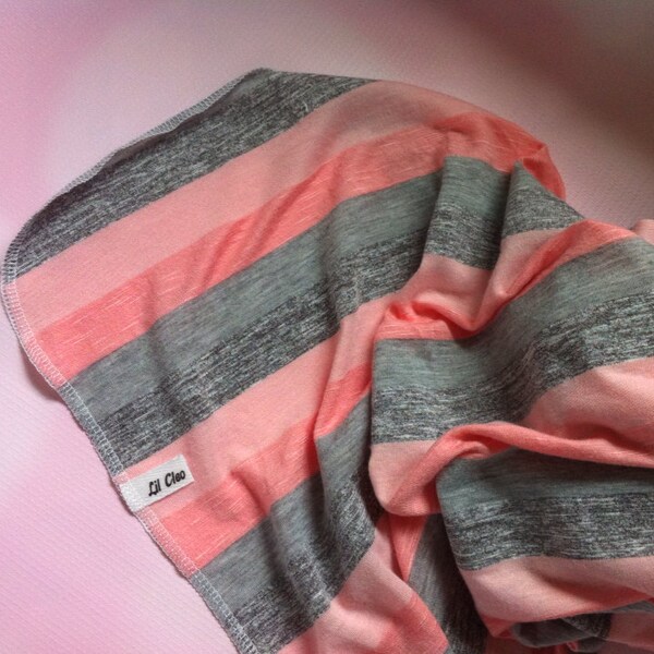 Swaddling Blanket- Striped Blanket- Infant- Baby- Unisex- Knit- Recieving Blanket- Lil Cleo-  Coral and Gray Stripes