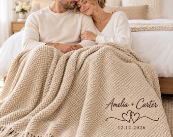 Personalized Wedding Throw Blanket, Embroidered Couple Names & Date, Cozy Knit Fringe Blanket, Newlywed Wedding Gift, Anniversary Gift