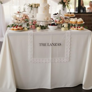 Può includere: Una tovaglia bianca con un bordo in pizzo e la scritta "THE LANZAS" è apparecchiata per un ricevimento di nozze. Il tavolo è carico di dolci, tra cui una torta a più strati, cupcake, macarons e bacche.