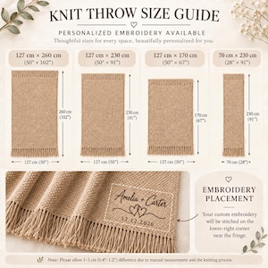 May include: A knit throw size guide infographic displaying four rectangular tan blankets with fringe, labeled with dimensions in inches and centimeters. A close-up shows a tan blanket with embroidered text Amelia + Carter 12.12.2026.