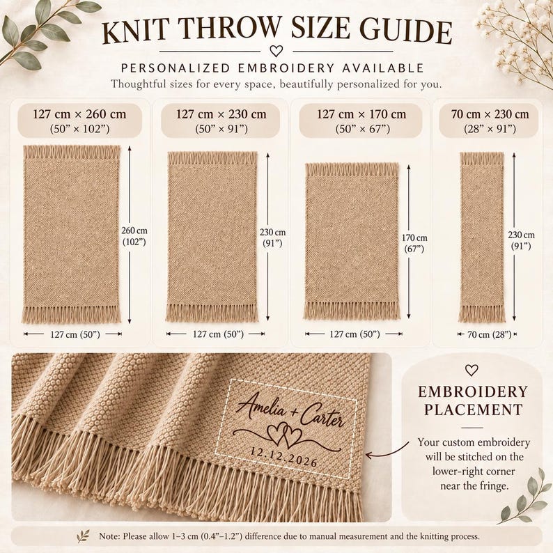 May include: A knit throw size guide infographic displaying four rectangular tan blankets with fringe, labeled with dimensions in inches and centimeters. A close-up shows a tan blanket with embroidered text Amelia + Carter 12.12.2026.