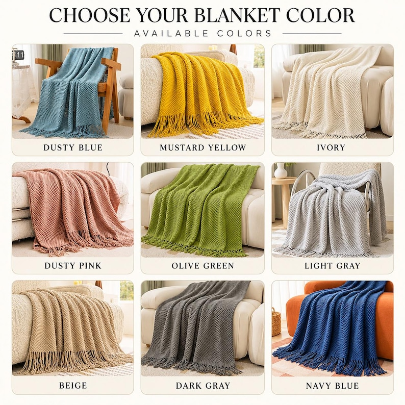May include: A grid of nine textured knit blankets with fringe, labeled with colors: dusty blue, mustard yellow, ivory, dusty pink, olive green, light gray, beige, dark gray, and navy blue. The text at the top reads CHOOSE YOUR BLANKET COLOR.