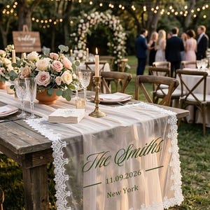 Peut inclure: Table de réception de mariage avec un chemin de table transparent orné de dentelle et le texte "The Smiths 11.09.2026 New York." La table est décorée de fleurs, de bougies et de verres.
