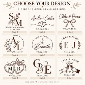 May include: A grid of nine dark brown personalized design options on a light background. Each square features unique typography, floral accents, bows, or heart motifs, along with sample names and dates labeled Style 1 through Style 9 for customization.