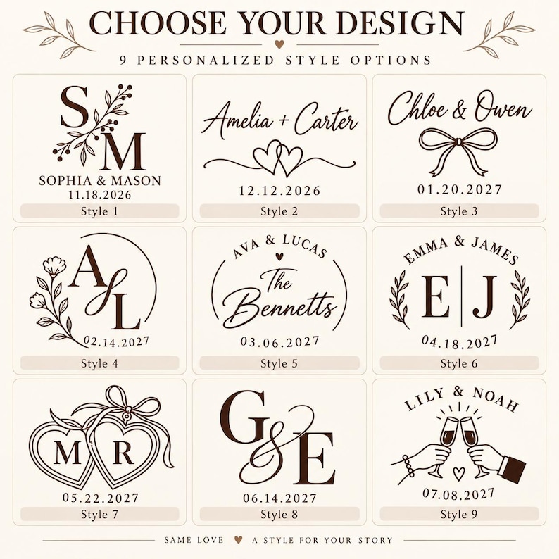 May include: A grid of nine dark brown personalized design options on a light background. Each square features unique typography, floral accents, bows, or heart motifs, along with sample names and dates labeled Style 1 through Style 9 for customization.