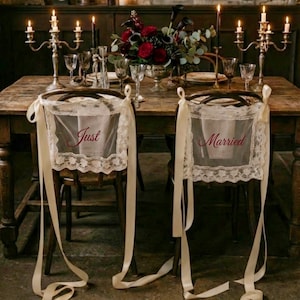 Just Married Wedding Chair Signs, Sheer Lace Sign for Chairs, Mrs & Mr. Sweetheart Table Sign Decor