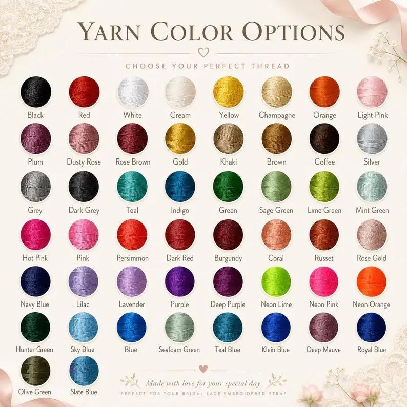 May include: A color chart titled YARN COLOR OPTIONS displaying sixty-four circular swatches of thread in various shades including black, red, white, cream, yellow, champagne, orange, pink, plum, rose, gold, khaki, brown, coffee, silver, grey, teal, indigo, green, sage, lime, mint, hot pink, persimmon, dark red, burgundy, coral, russet, rose gold, navy, lilac, lavender, purple, neon, hunter green, sky blue, blue, seafoam, teal blue, klein blue, mauve, royal blue, olive, and slate blue.