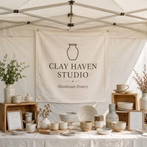 Può includere: Un'esposizione di ceramiche artigianali che include tazze, ciotole e vasi in ceramica maculata disposti su cassette di legno e un tavolo. Un grande striscione in tela sullo sfondo riporta il testo CLAY HAVEN STUDIO e un disegno di un vaso.