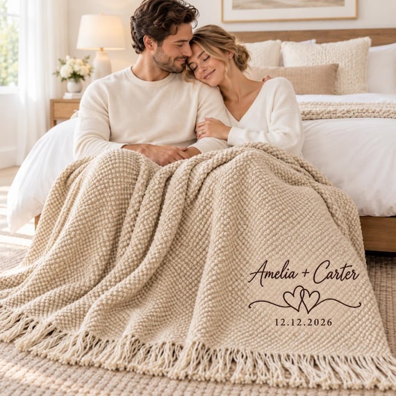 Personalized Wedding Throw Blanket, Embroidered Couple Names & Date, Cozy Knit Fringe Blanket, Newlywed Wedding Gift, Anniversary Gift