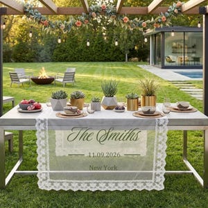 Peut inclure: Table de salle à manger extérieure pour un événement spécial. La table est décorée de plantes succulentes, de bols de fruits et de couverts. Un chemin de table en dentelle transparente affiche le texte "The Smiths" et la date 11.09.2026, New York.