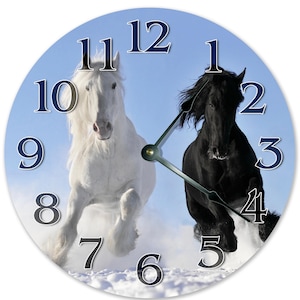 10.5&quot; BLACK & WHITE MUSTANGS Clock - Large 10.5&quot; Wall Clock - Cabin Decor - Animal Wall Clock - Home Decor - Beach House Clock - 3166