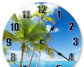 10.5" SEASHORE With PALM COCONUT Tree Clock - Large 10.5" Wall Clock - Beach Decor - Round Wall Clock - Beach Clock - Home Decor - 3047