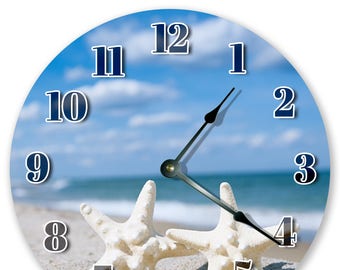 10.5" WHITE STARFISH On SHORE Clock - Large 10.5" Wall Clock - Beach Decor - Round Clock - Sea Animal Clock - Home Decor - 3080