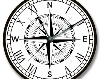 Compass Rose Wall Clock: Nautical Beach House Decor (10.5")