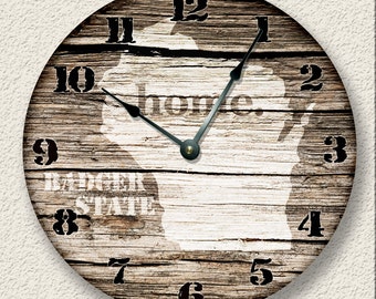 WISCONSIN Home State Wall CLOCK  - Barn Boards pattern  - Badger State - rustic cabin country wall home decor