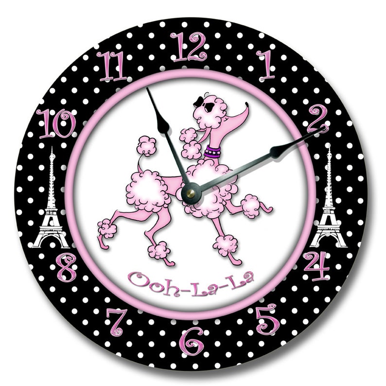 10.5 Wall Clock Wall Decoration, Poodle Pink Paris Nursery art, Baby, Toddler, Girl, custom room decor, Kids Room Clocks, Gift For Kids image 1