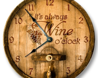 10.5" Wall Clock - Its always WINE o'clock wall clock - wooden cask lid printed image - rustic cabin bar home decor - 7128