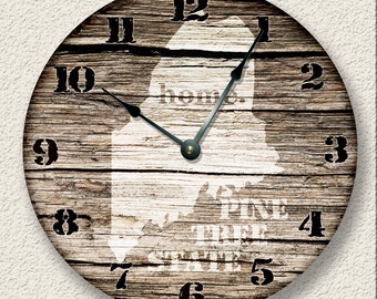 MAINE Home State Wall CLOCK  - Barn Boards pattern  - Pine Tree State - rustic cabin country wall home decor