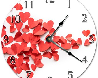 10.5" Red PAPER HEARTS Clock - Red and White Clock - Living Room Clock - Large 10.5" Wall Clock - Home Décor Clock - 4469