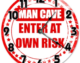 10.5" MAN CAVE Enter At Your Own Risk Clock - Red And White Clock - Living Room Clock - Large 10.5" Wall Clock - Home Décor Clock - 2075