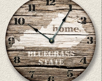 10.5" Wall Clock - KENTUCKY Home State Wall CLOCK  - Barn Boards printed image  - Bluegrass State - rustic cabin country wall home decor