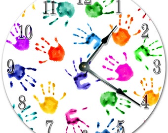 Hand Prints Wall Clock: Colorful Kids Room Decor (10.5")